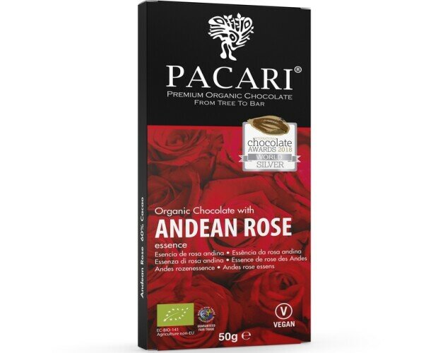 Chocolate rosas. Pacari chocolate 60% con infusión de rosa orgánica.