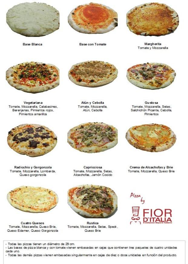 Catálogo pizzas. Pizzas congeladas, de calidad sorprendente, importadas de Italia.(Producto listo para calentar en horno o para personalizar).