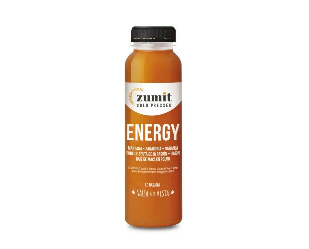 Zumit Energy. Manzana, zanahoria, naranja, fruta de la pasión, limón, raíz de maca en polvo