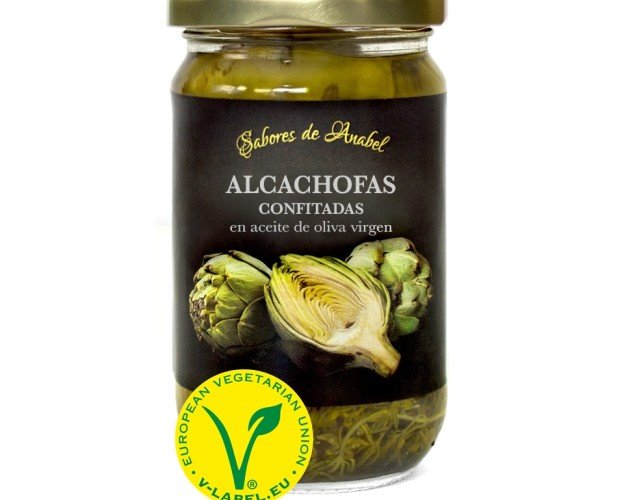 Alcachofas confitadas. Alcachofas confitadas en Aceite de Oliva Virgen Extra, listas para comer, peso neto 280 gr. alcachofa Valenciana, producto de proximidad.