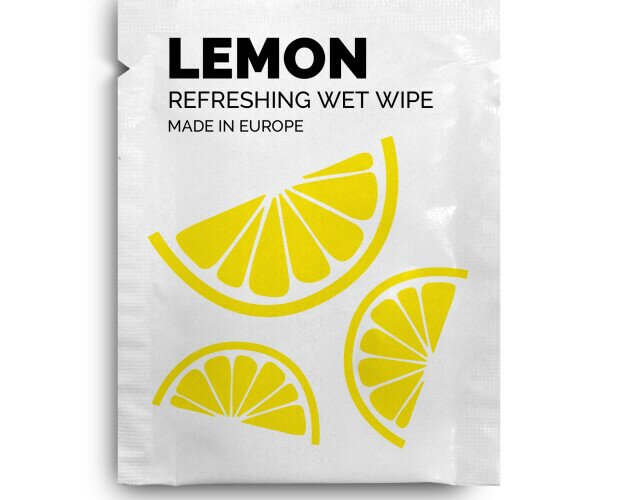 Toallitas refrescantes LEMON. Toallita húmeda refrescante olor a limón. Totalmente personalizable.