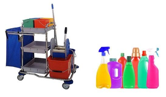 Productos y útiles de limpieza. Desinfectantes, detergentes, carros